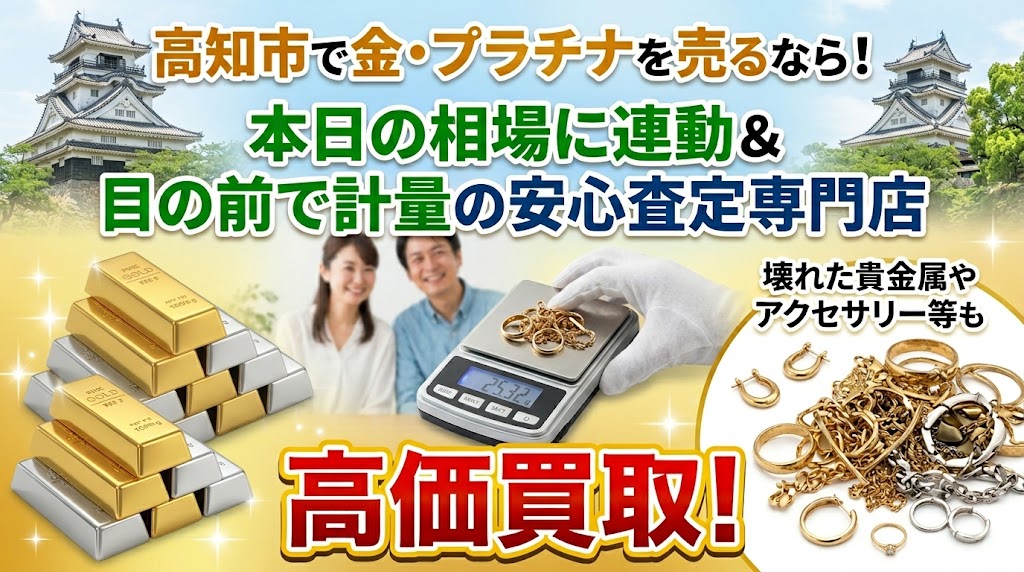 高知市で金・プラチナを売るなら！本日の相場に連動＆目の前で計量の安心査定専門店。壊れた貴金属やアクセサリー等も高価買取！